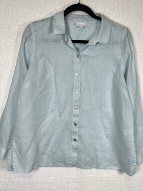 J Jill Love Linen Top Womens M Petite Light Blue Long Sleeve Beach Resort Casual